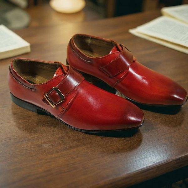 Red Single Monk Strap Leather Shoes