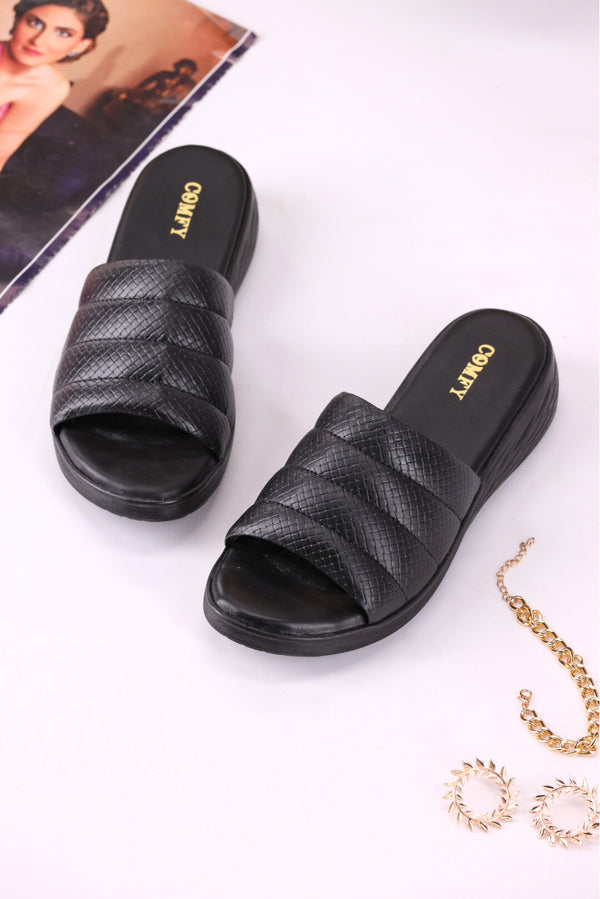 Women Sheep Leather  Black Slipper